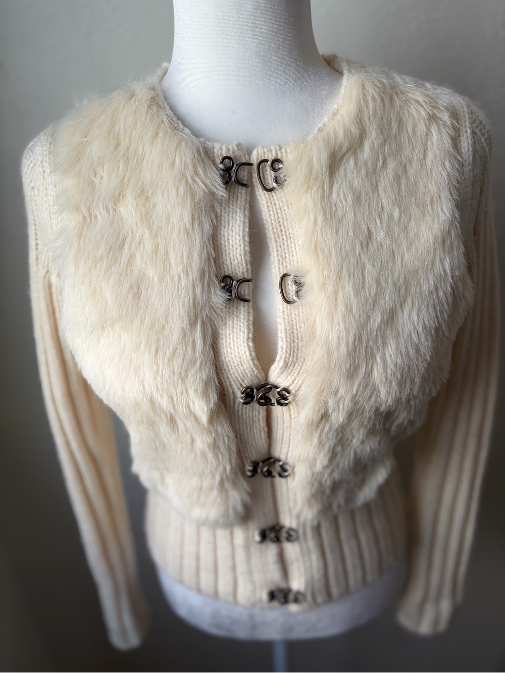 VTG Y2K LOFT Faux Fur Wool Blend Ribbed Cardigan Ivory XS - Picture 3 of 10